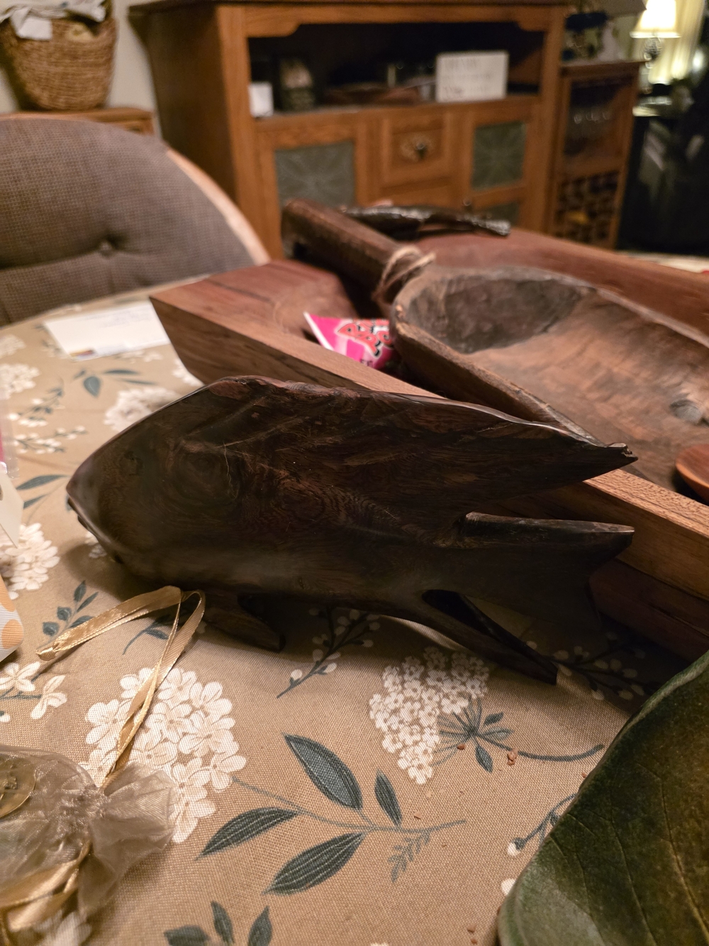 Hand-Carved Dark Wood Fish Sculpture